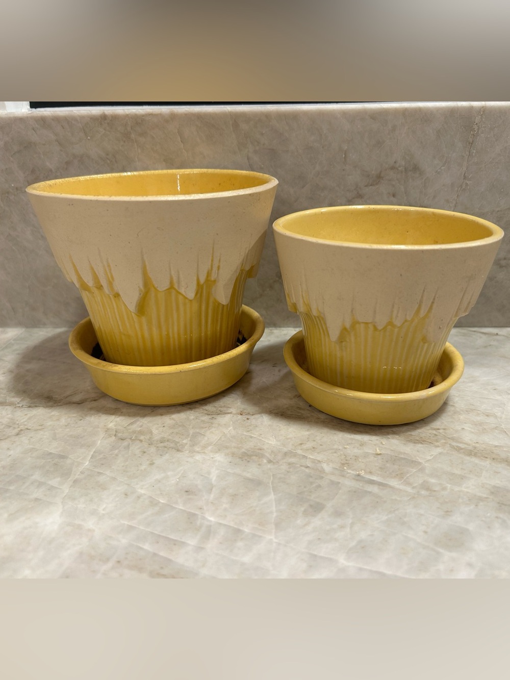 VTG McCoy Snowdrift Planter Set Yellow Drip Edge USA Mid Century Pottery Pair